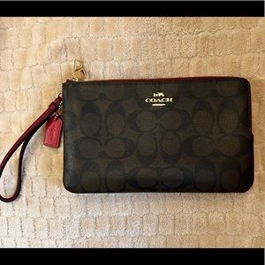 Coach Double Zip Clutch/Wristlet two toned Red and Brown Signature Canvas